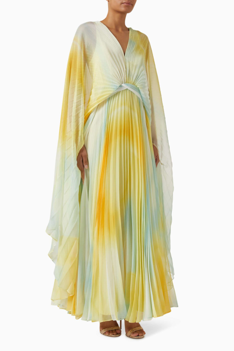 Anslow Sarı Tonlu Piliseli Uzun Kadın Elbise