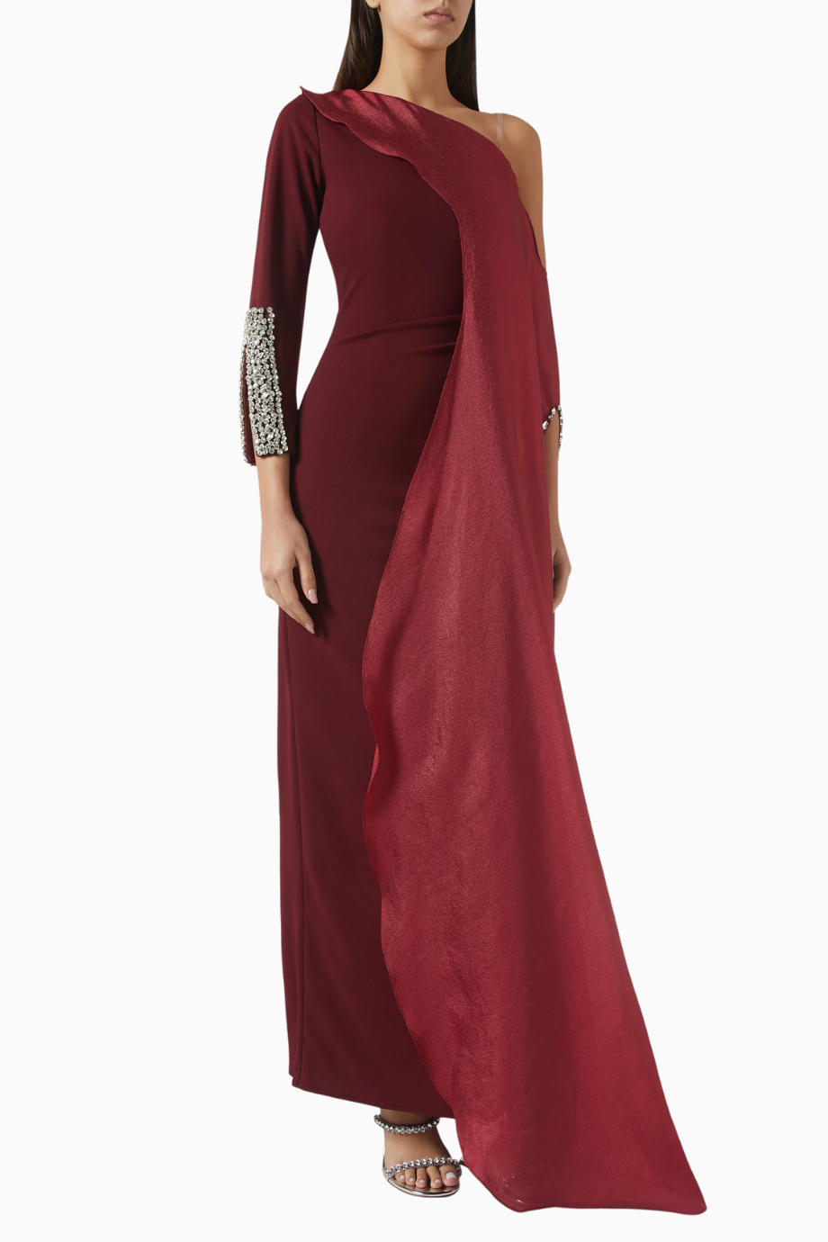 Crystal-embellished Kristal Manşet Detaylı Asimetrik Maxi Kadın Elbise