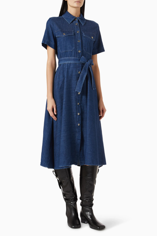 Fagotto Kemerli Denim Gömlek Elbise, Flared Etek ve Feminen Siluet