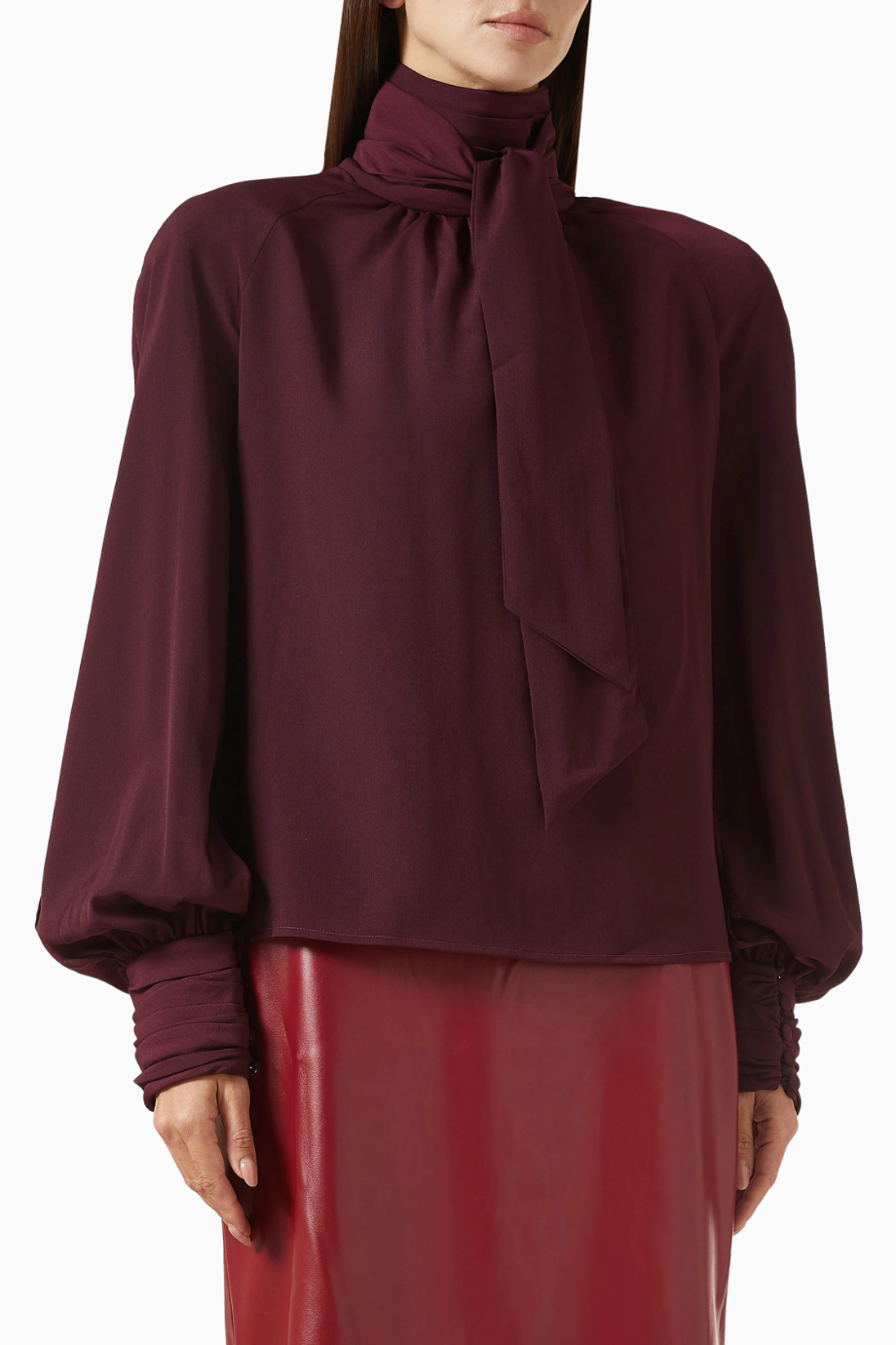 Oversized Bow-neck Blouse, Lüks Georgette Yüksek Yakalı Şık Balon Kollu Bluz