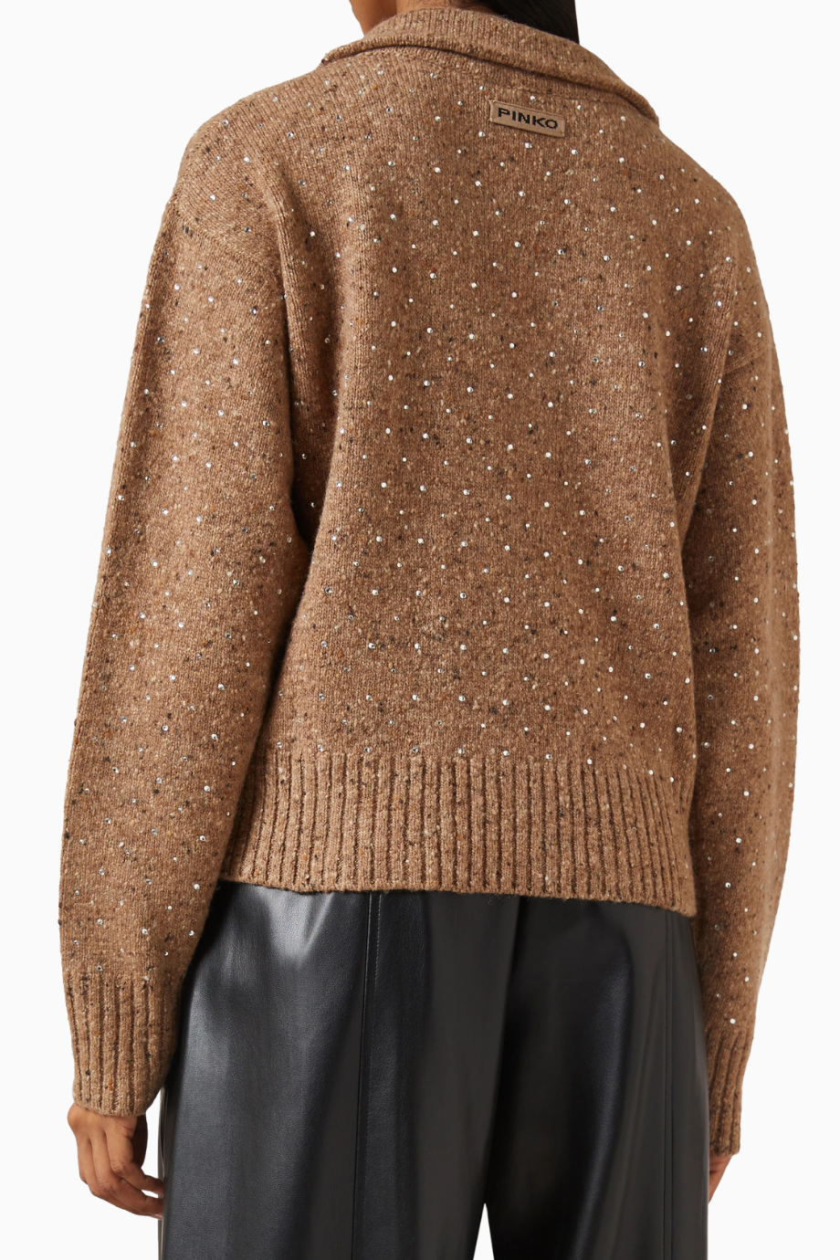 Nibani Rhinestone Sweater Lüks, Taş İşlemeli Kahverengi Yün Triko