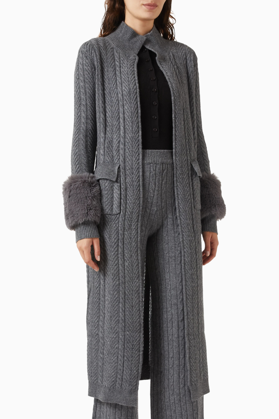 Faux Cuff Long Cardigan, Gri Şık ve Lüks Kadın Uzun Triko Hırka