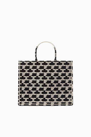 Large Monogram Tote Çanta Siyah, Jakarlı Kumaş EF Logolu Lüks Omuz Çantası