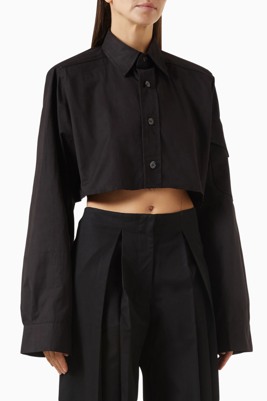 Box Crop Shirt, Siyah Pamuklu Kısa Gömlek