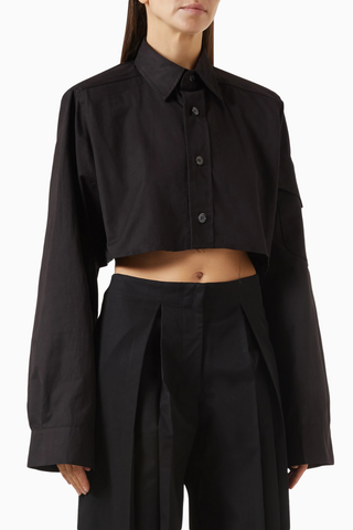 Box Crop Shirt, Siyah Pamuklu Kısa Gömlek