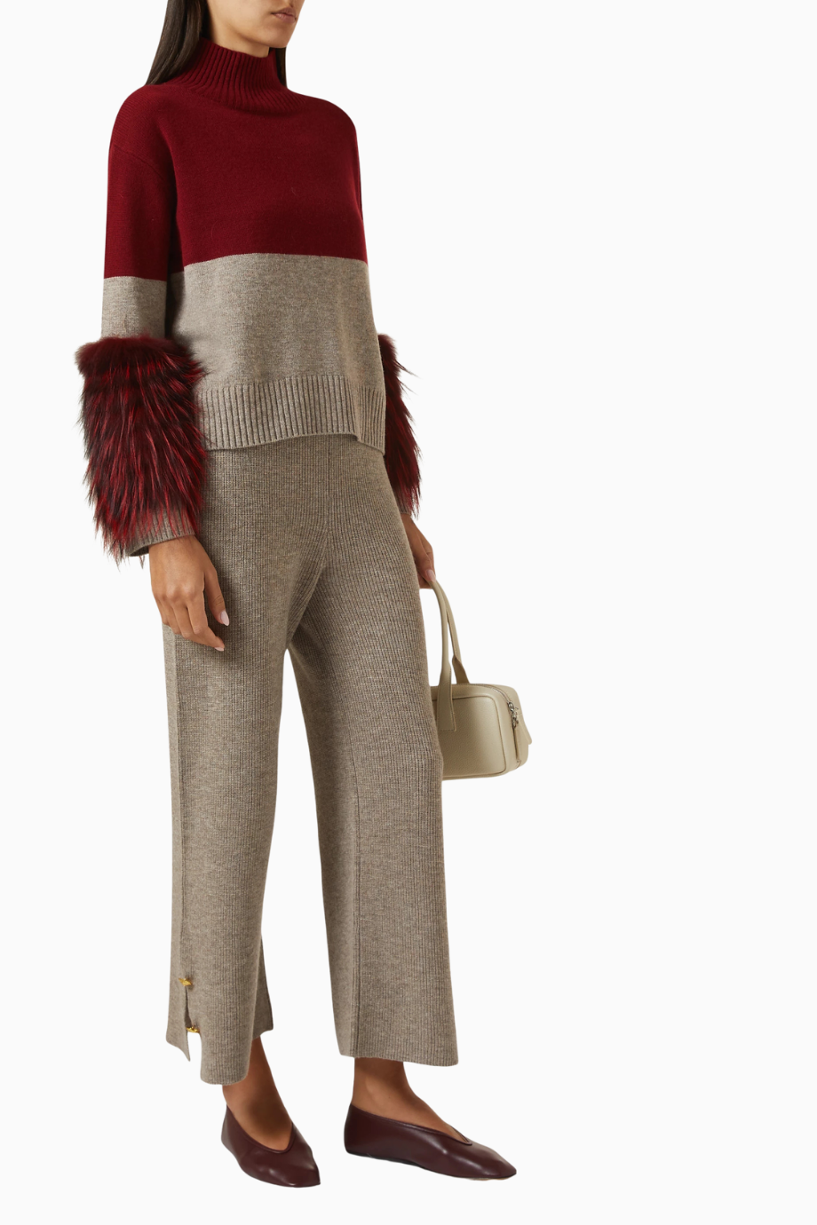 Half-half Cuff Sweater, Kırmızı Lüks Triko Faux Kürk Detaylı Kazak