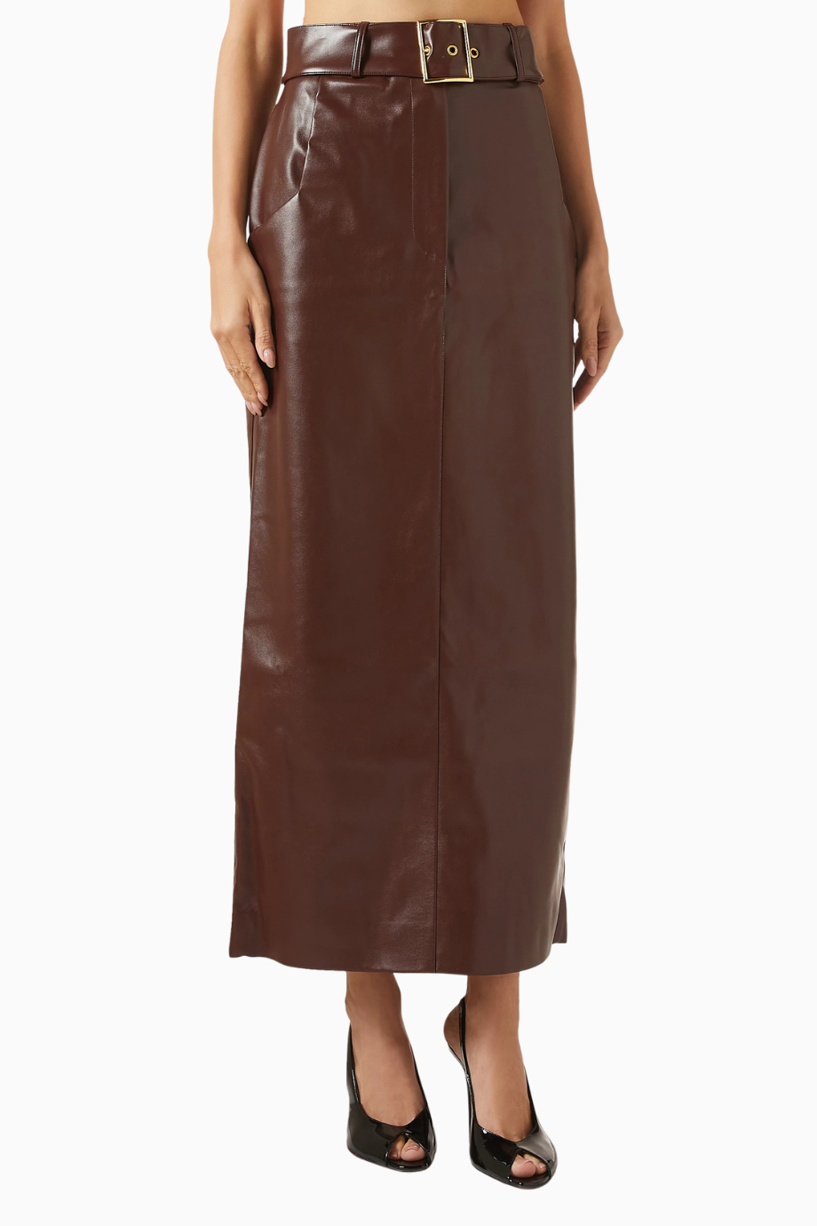 Belted Maxi Skirt, Lüks Kahverengi Eco Leather Kuşaklı Şık Maxi Etek