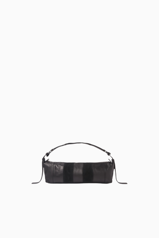 Snap Baguette Shoulder Bag, Lüks Siyah Nappa-Süet Deri Ayarlanabilir Omuz Çantası