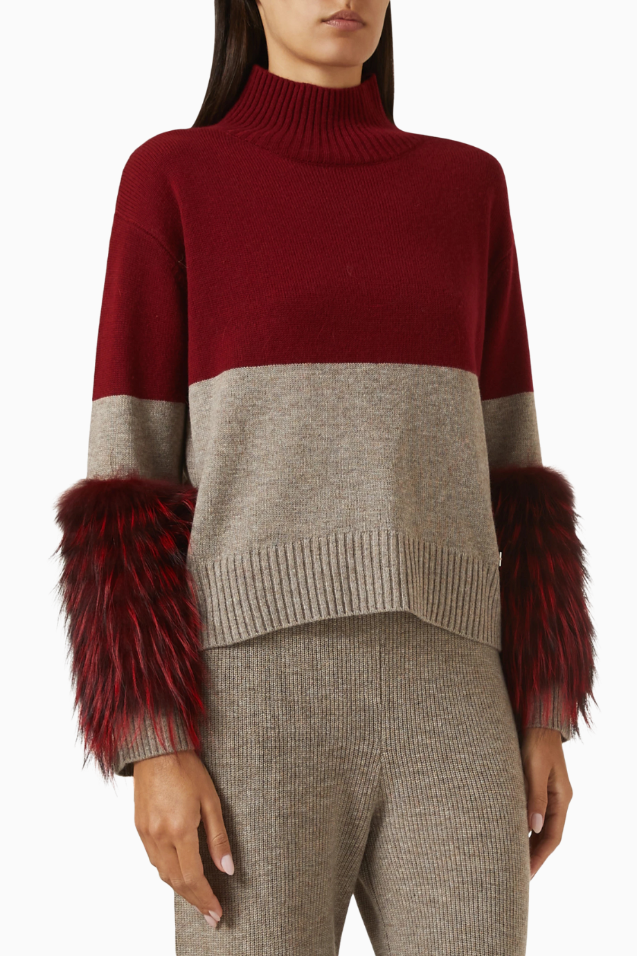 Half-half Cuff Sweater, Kırmızı Lüks Triko Faux Kürk Detaylı Kazak