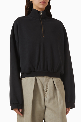 Flea Crop Sweatshirt, Siyah-Modern Kadın Pamuklu Crop Sweatshirt