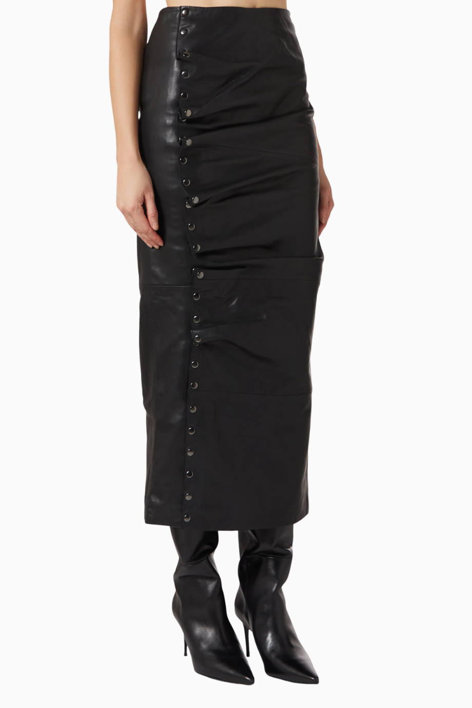 Studded Detaylı Siyah, Gerçek Deri Midi Etek