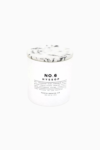 No.6 Hyssop Glass Candle 225g, Lüks Mat Beyaz Cam ve Mermer Beton Kapaklı Mum