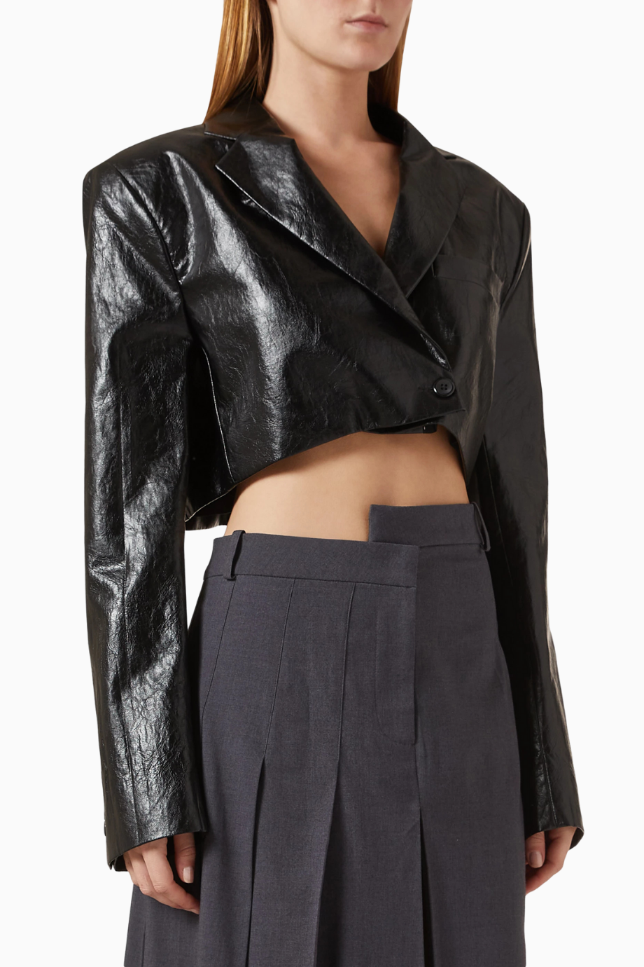 Crop Blazer, Vegan Deriden, Tek Düğmeli ve Yapılandırılmış Kısa Ceket