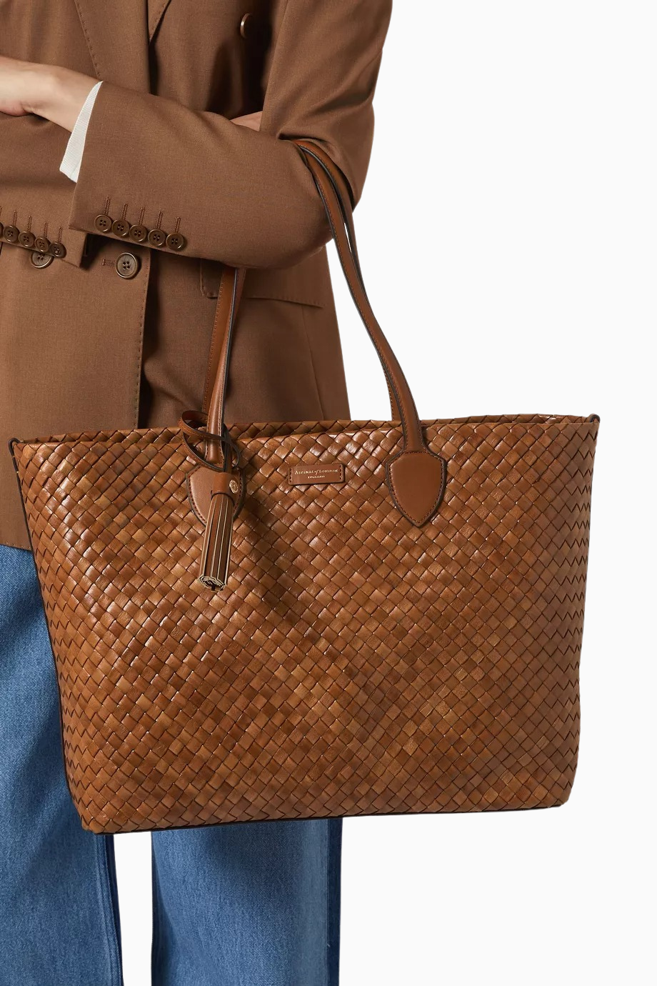 Large Island Kahverengi Woven Deri Tote Çanta, Zamansız ve Şık