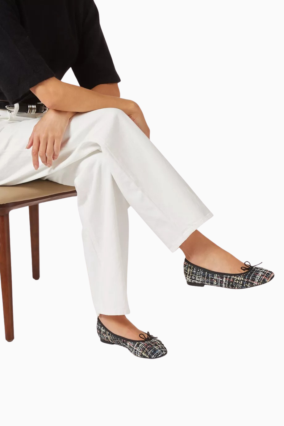 Cendrillon Ballet Flats, Siyah Tweed, Glitter Dokulu, Fiyonk Detaylı Sofistike, Fransız Zarafeti
