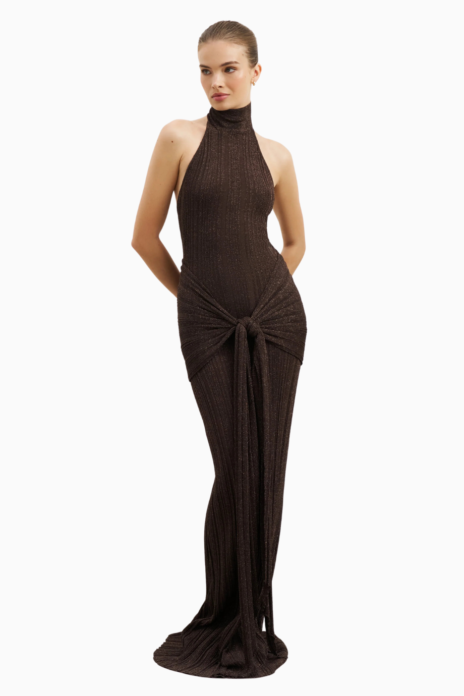 Fine Knit Gathered Halter Neck Maxi Dress Shimmer Ribbed Knit Kadın Elbise