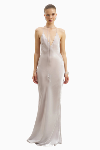 Pearl Detail Plunging Birthday Gown Iridescent Satin Chiffon Maxi Kadın Elbise Sınırlı Sayıda
