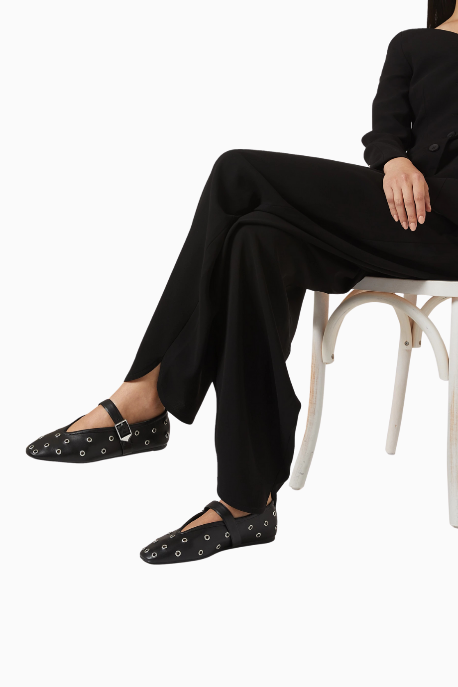 Cool Ballerina Siyah Deri Göz Detaylı, Ayarlanabilir Bantlı Lüks ve Modern Balerin Ayakkabı