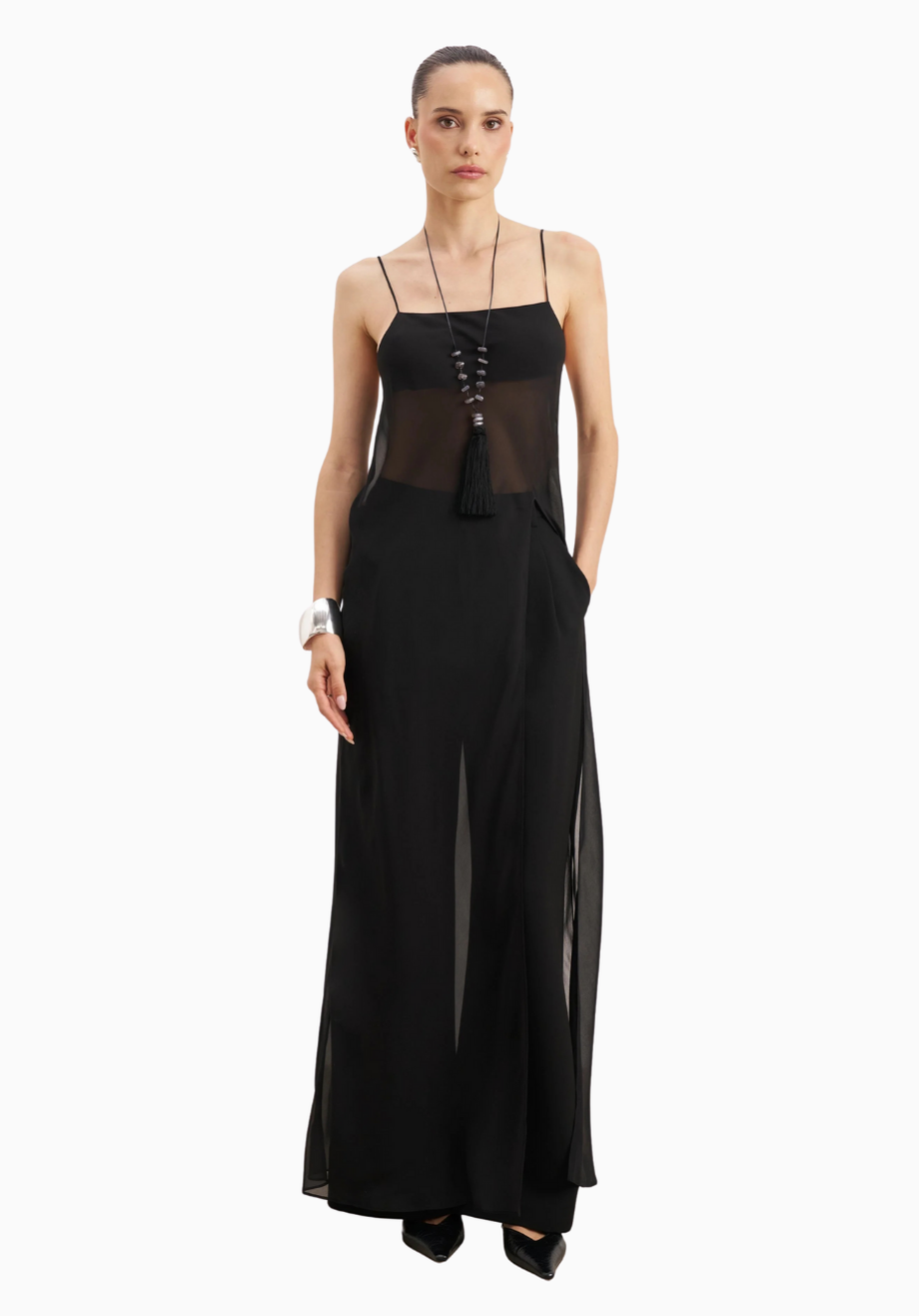 Kadın Şeffaf Şifon Uzun Askılı Camisole Bluz