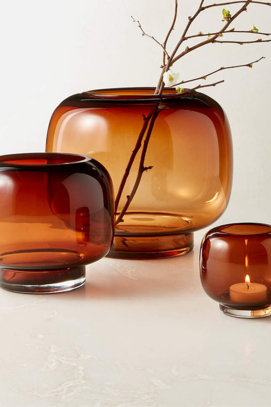 Coco Füme Kehribar Cam Tealight Mumluk, El Yapımı, Retro Stil