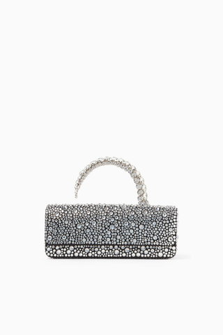Malika Crystal Saten Clutch Çanta, Gümüş, Kristal Üst Saplı