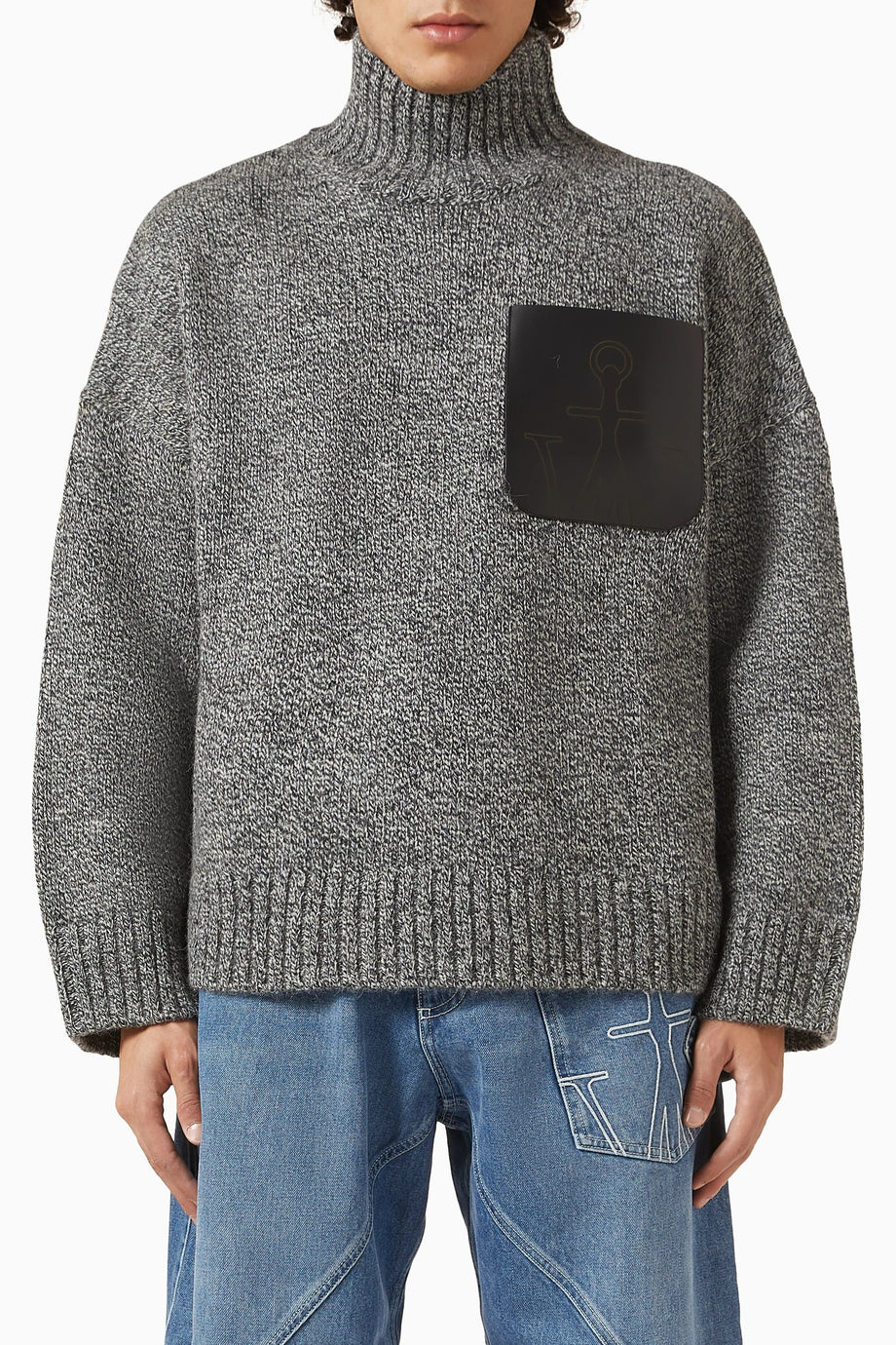 Patch Pocket Jumper, Yün Karışımlı Balıkçı Yaka Kışlık Kazağı, Gri