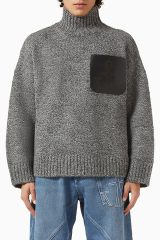 Patch Pocket Jumper, Yün Karışımlı Balıkçı Yaka Kışlık Kazağı, Gri