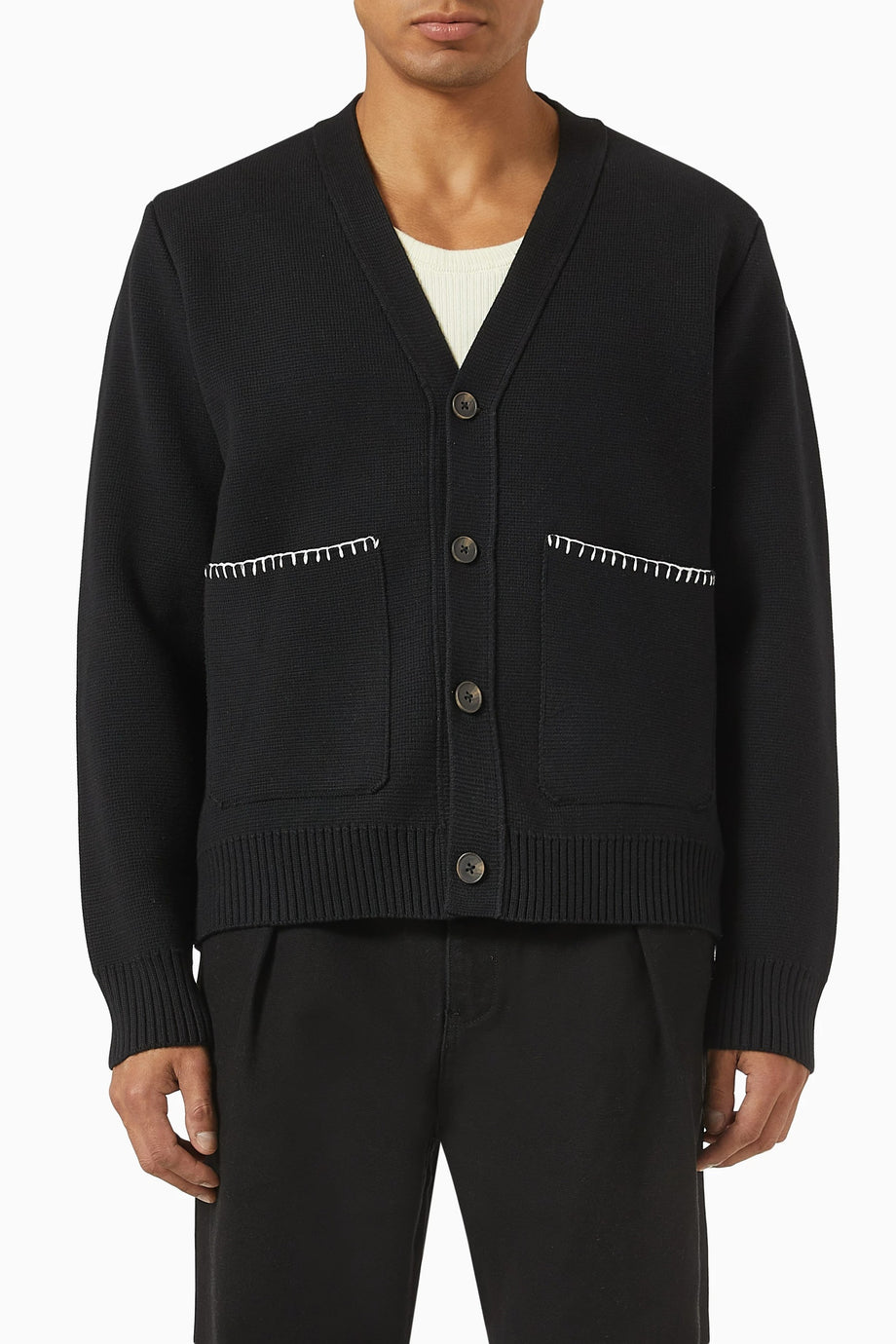 Whipstitch Cardigan, Siyah Penye Pamuk, V Yakalı, Ön Düğmeli ve Dikiş Detaylı