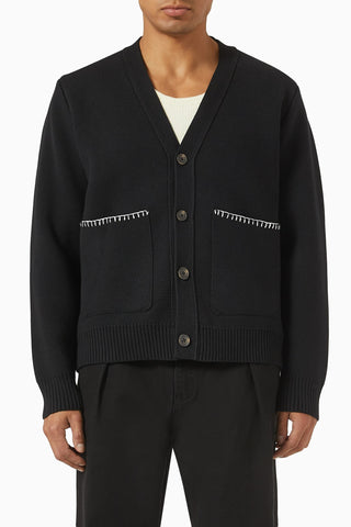 Whipstitch Cardigan, Siyah Penye Pamuk, V Yakalı, Ön Düğmeli ve Dikiş Detaylı