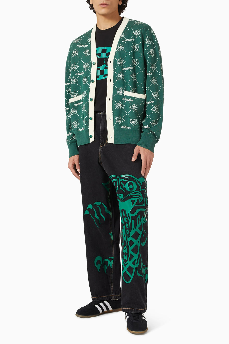 Yün Karışımlı Monogram Hırka, Yeşil, Rahat Kesim