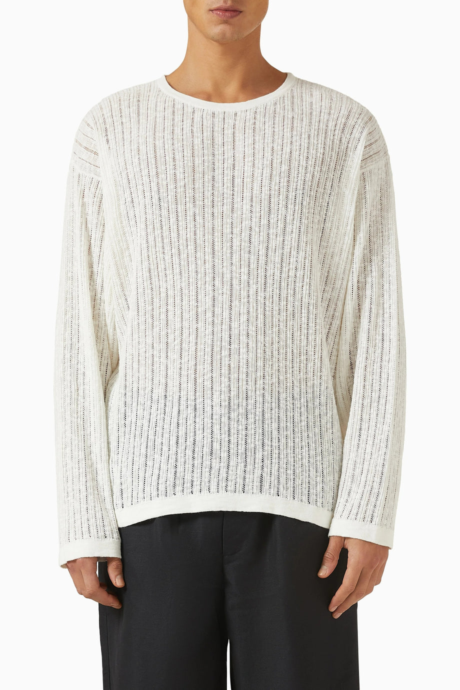 Pointelle Knit Sweater, Kırık Beyaz Pamuk & Keten, Zarif Yuvarlak Yaka