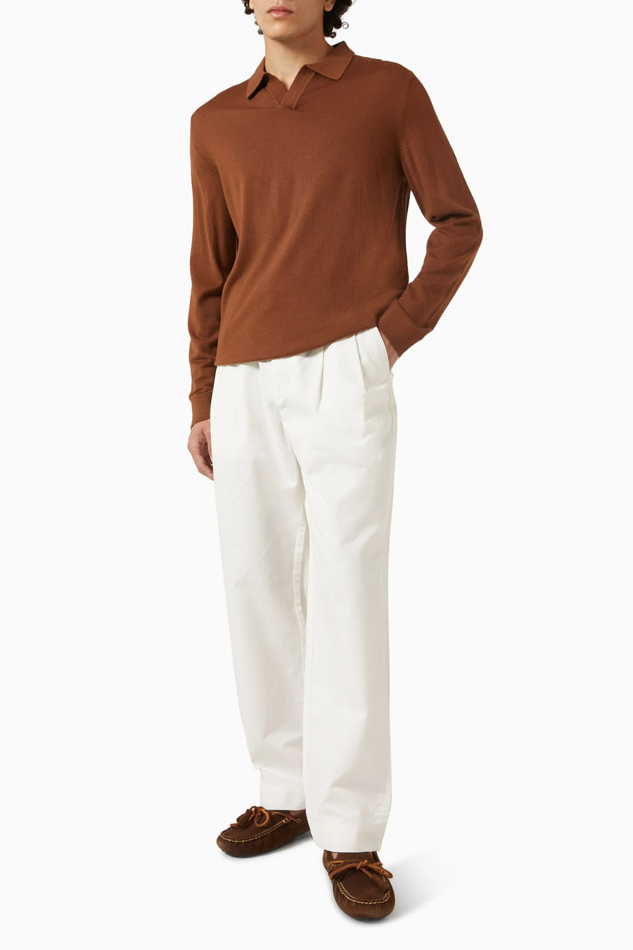 Merino Yünlü Erkek Polo Tişört, Uzun Kollu, Minimalist ve Lüks Tasarım