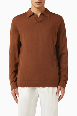 Merino Yünlü Erkek Polo Tişört, Uzun Kollu, Minimalist ve Lüks Tasarım
