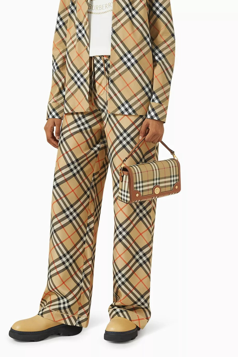 Kareli Kanvas Not Çapraz Askılı Çanta, Deri Süslemeli, İtalya Üretimi