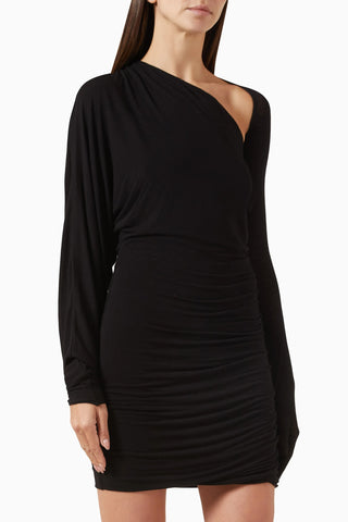 Noki Mini Elbise, Çıkarılabilir Eldiven Detaylı Siyah Viskon Kaşmir Karışımı