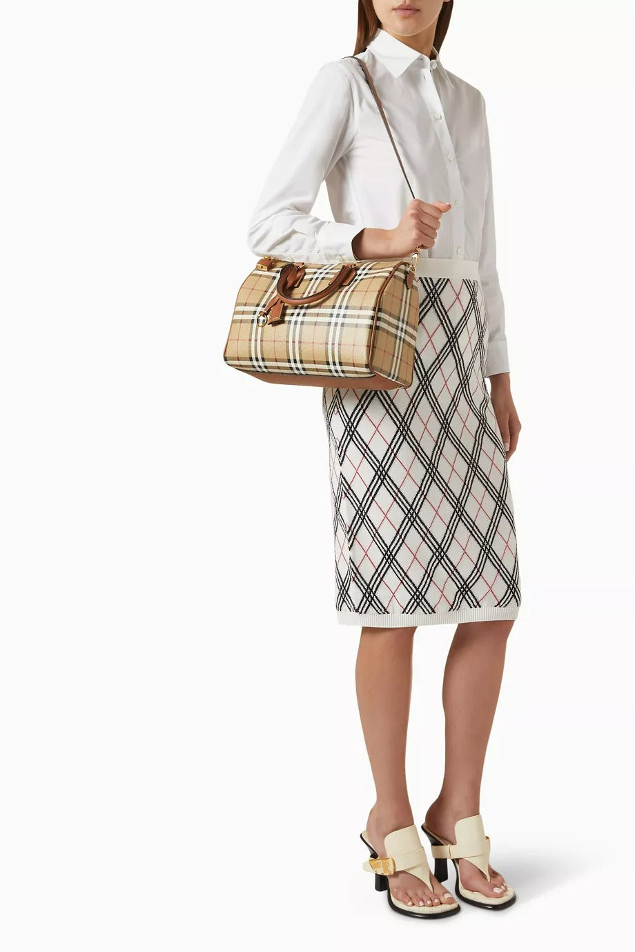 Kareli Kanvas Orta Boy Bowling Çantası, Deri Detaylı ve Çıkarılabilir Askılı