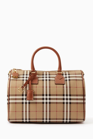 Kareli Kanvas Orta Boy Bowling Çantası, Deri Detaylı ve Çıkarılabilir Askılı