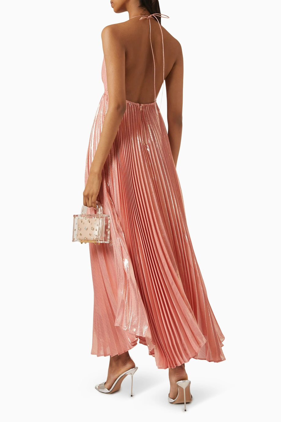 Adalyn İpek Karışımlı Halter Maxi Elbise, Metalik Şifon, Tozlu Gül