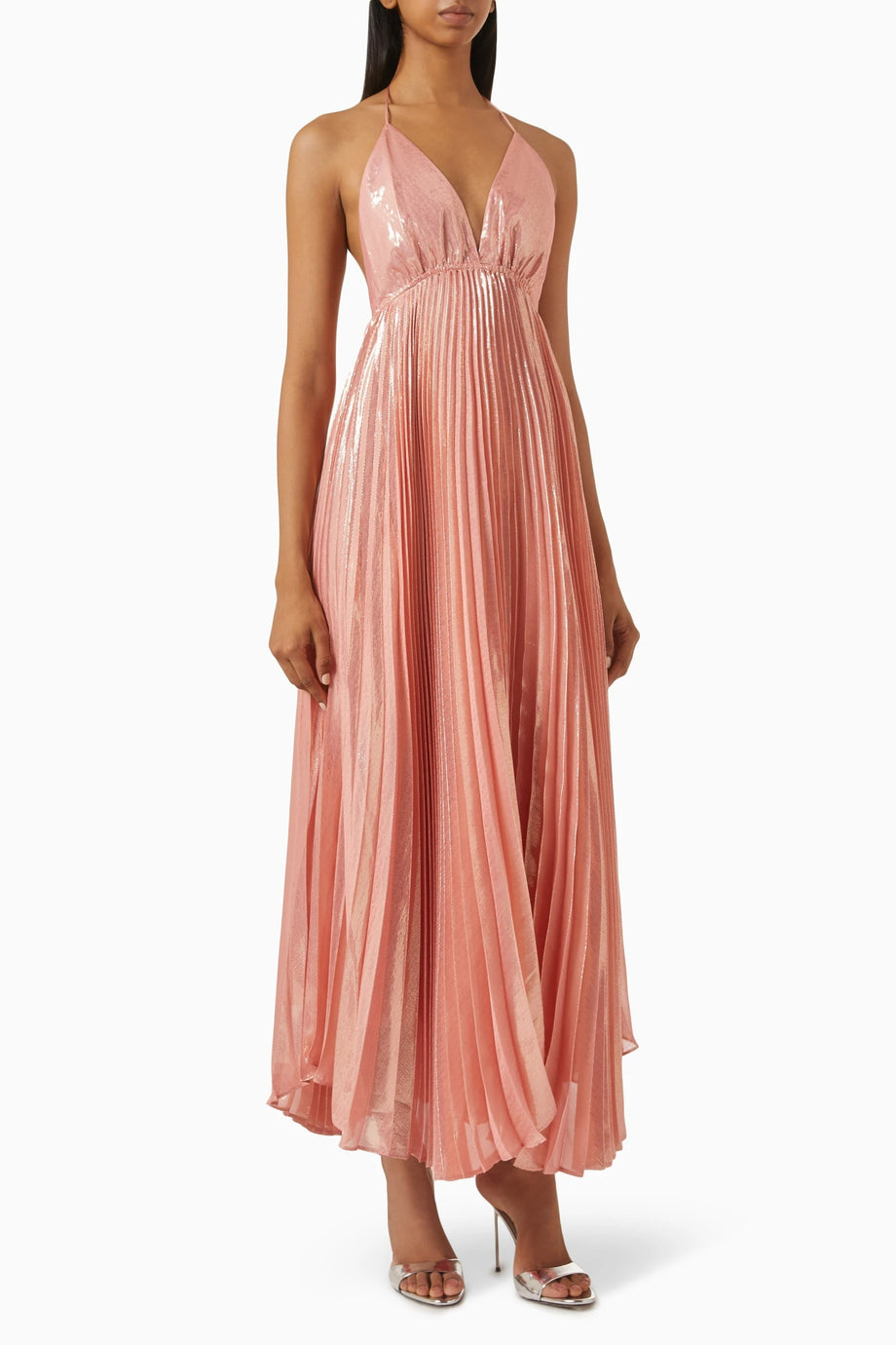 Adalyn İpek Karışımlı Halter Maxi Elbise, Metalik Şifon, Tozlu Gül