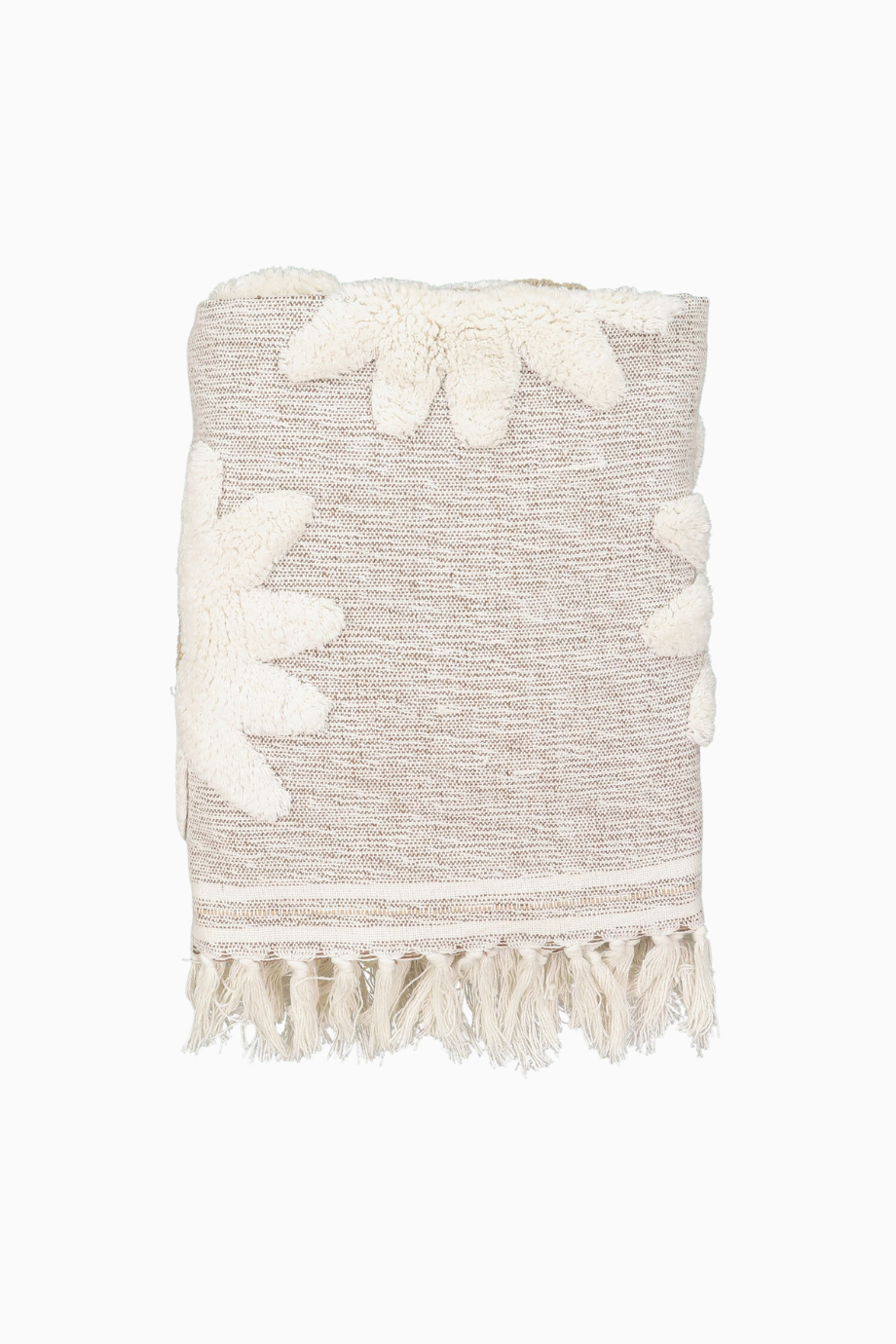 Beyaz Gri Papatya Desenli %100 Pamuk Battaniye, Püsküllü, Yumuşak ve Rahat