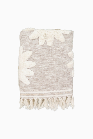 Beyaz Gri Papatya Desenli %100 Pamuk Battaniye, Püsküllü, Yumuşak ve Rahat