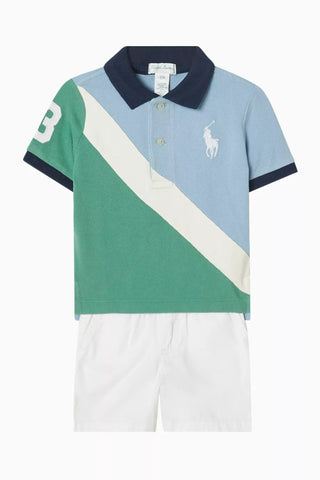 Yeşil Renk Bloklu Polo & Şort Seti, İşlemeli Midilli, Pamuklu