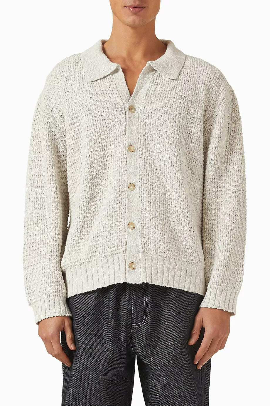 Textured Cardigan, Kırık Beyaz Pamuk Örgü, Düğmeli Rahat Fit