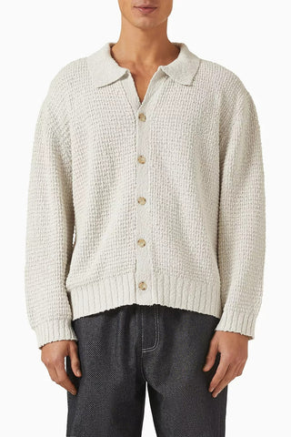 Textured Cardigan, Kırık Beyaz Pamuk Örgü, Düğmeli Rahat Fit