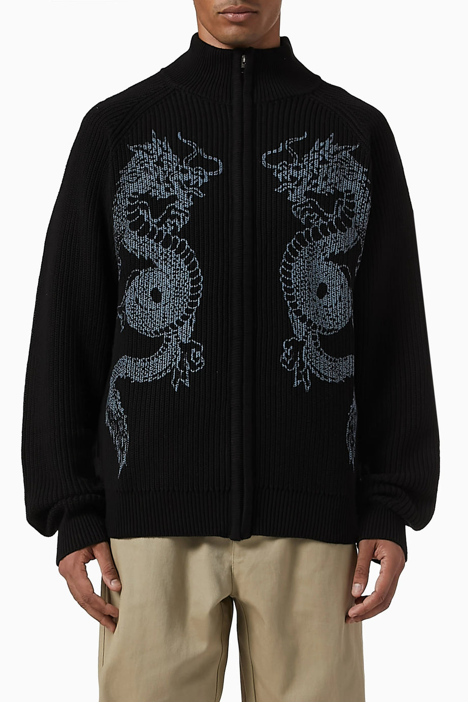 Dragon Fermuarlı Pamuklu Kazak, Retro Lüks Sokak Modası, Siyah