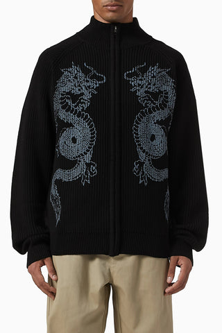 Dragon Fermuarlı Pamuklu Kazak, Retro Lüks Sokak Modası, Siyah