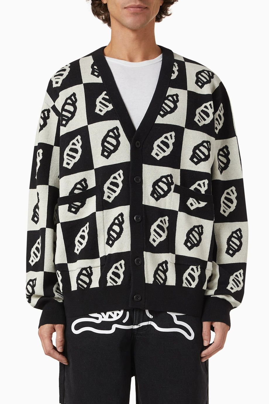 Checkerboard Cardigan in Cotton & Wool Çok Renkli, Jakarlı Dama Desenli Hırka