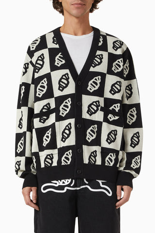 Checkerboard Cardigan in Cotton & Wool Çok Renkli, Jakarlı Dama Desenli Hırka