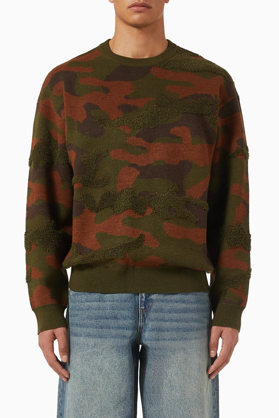 Camo Sweater in Chenille Knit, Kamuflaj Desenli Şönil Örgü Kazak, Rahat Kesim