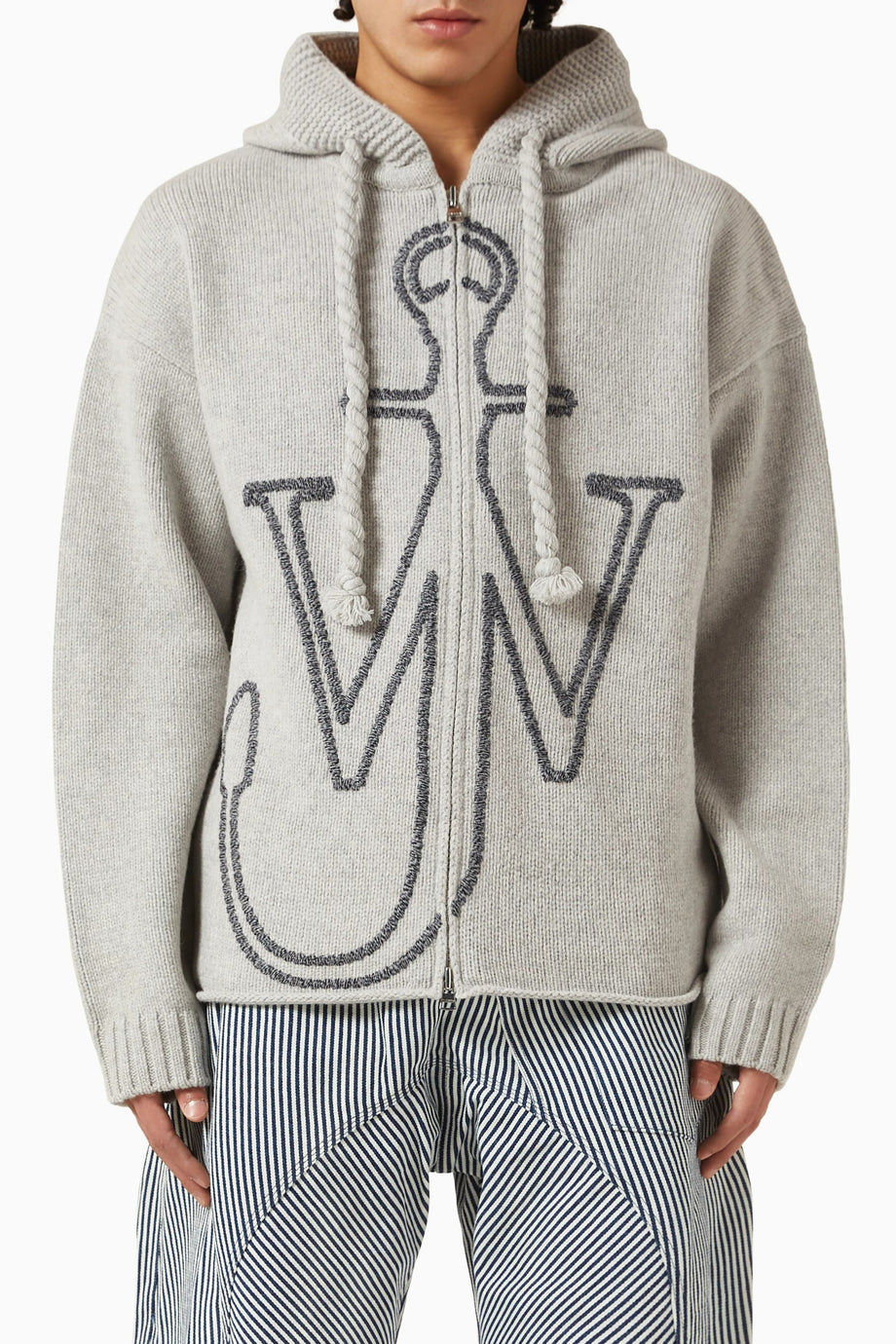 Merino Yünlü Çapa İşlemeli Kapüşonlu Sweatshirt, Gri, Modern ve Sıcak